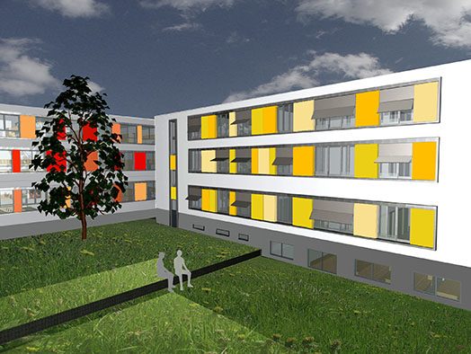 Visualisierung des Psychiatrie-Neubaus mit gelben Fassadenelementen